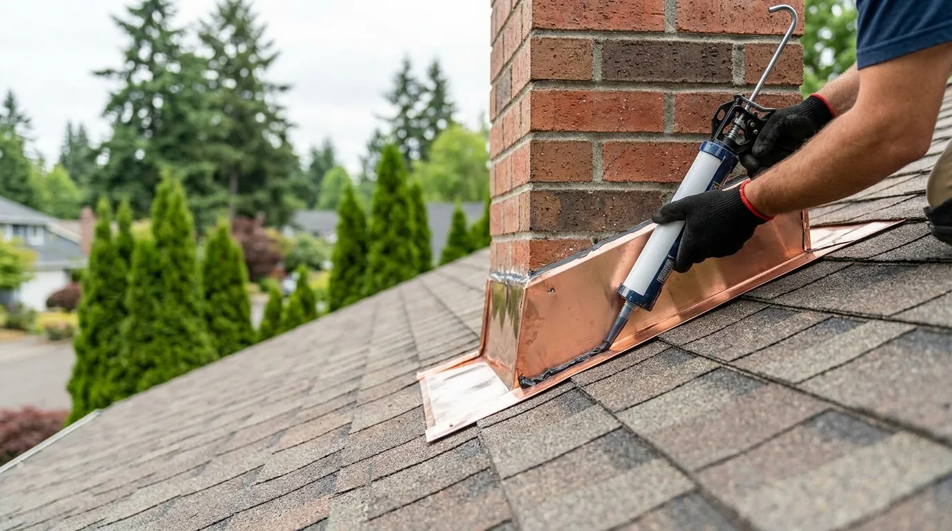 Metal flashing installed where a brick chimney meets the roof