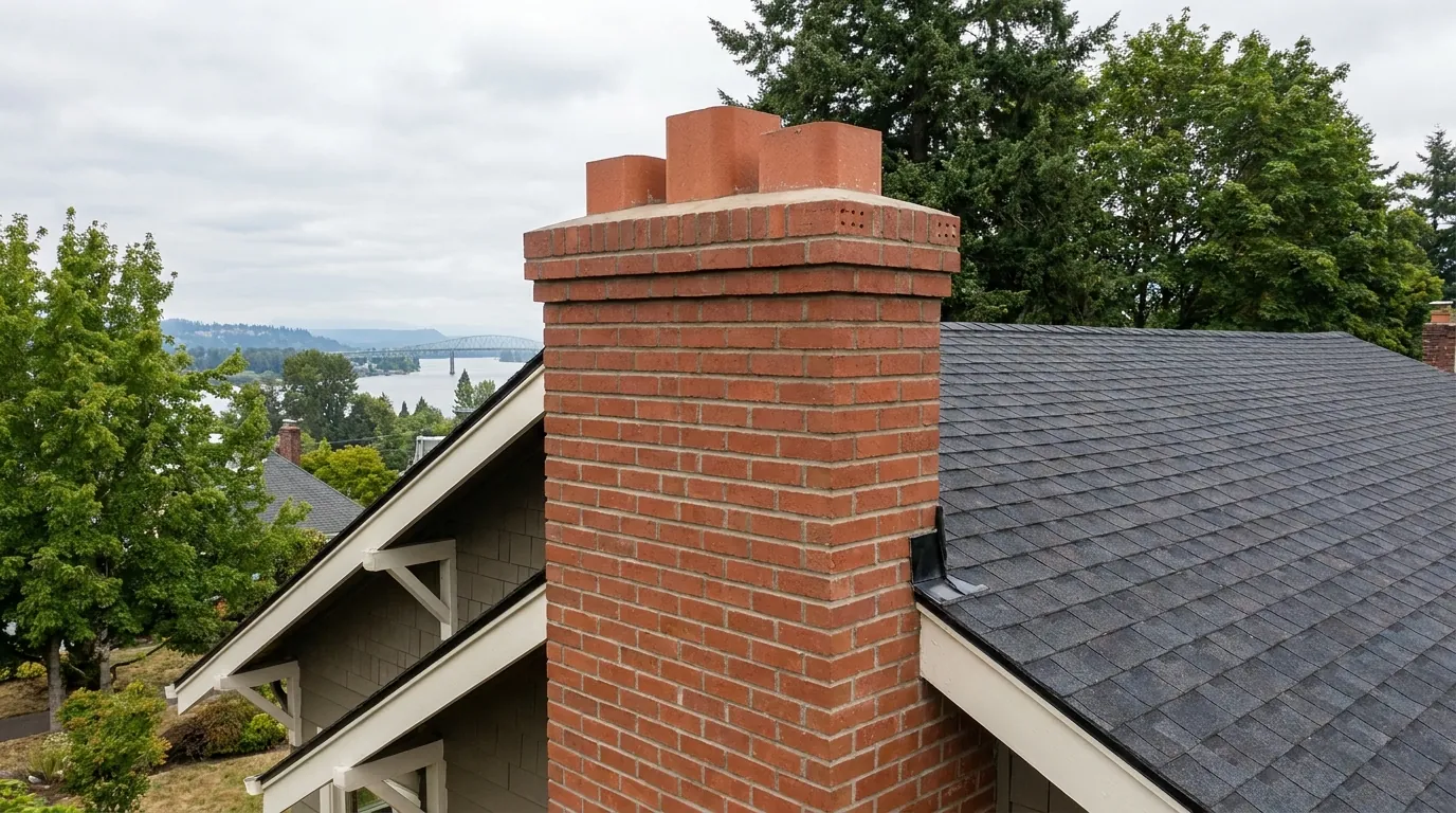New brick chimney stack rebuilt above a roofline in Vancouver, WA