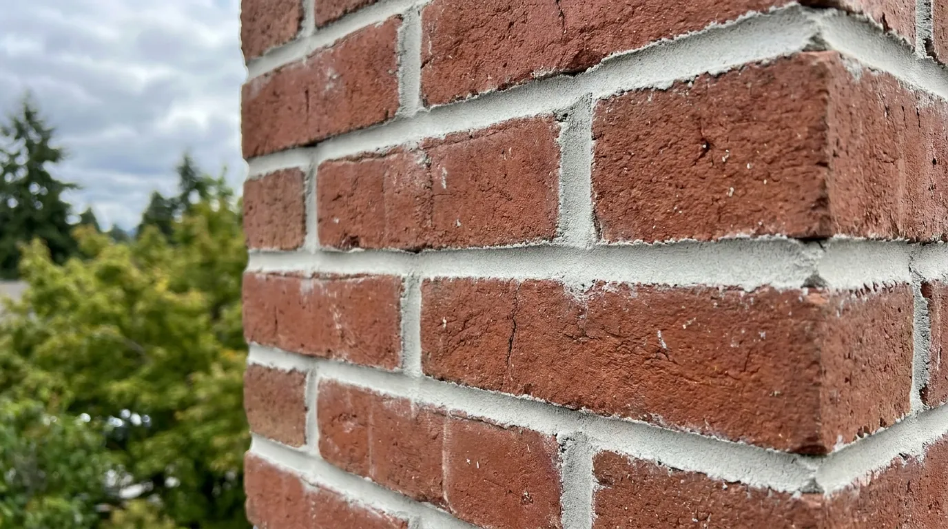 Close-up of repointed mortar joints on a Vancouver brick chimney