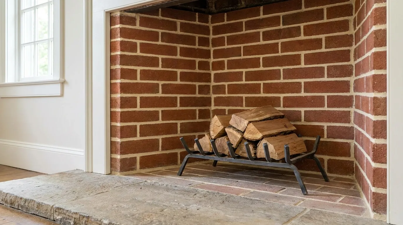 A fireplace firebox with firebrick walls and refractory mortar joints