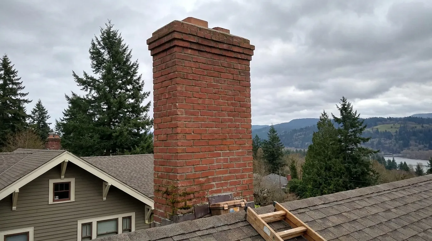 Brick chimney against a cloudy Pacific Northwest sky in Vancouver, WA