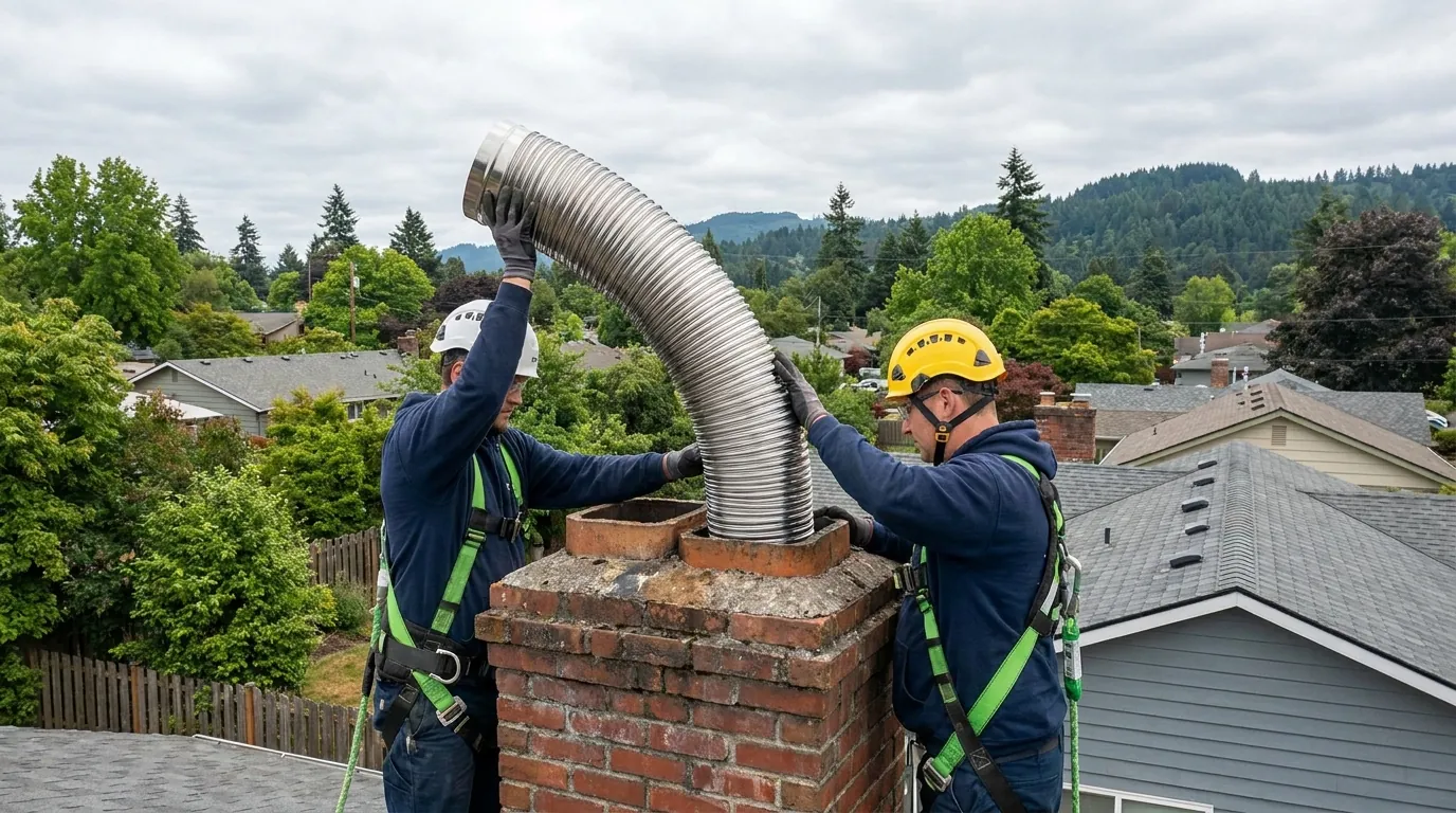 A stainless steel liner being lowered into a masonry chimney flue