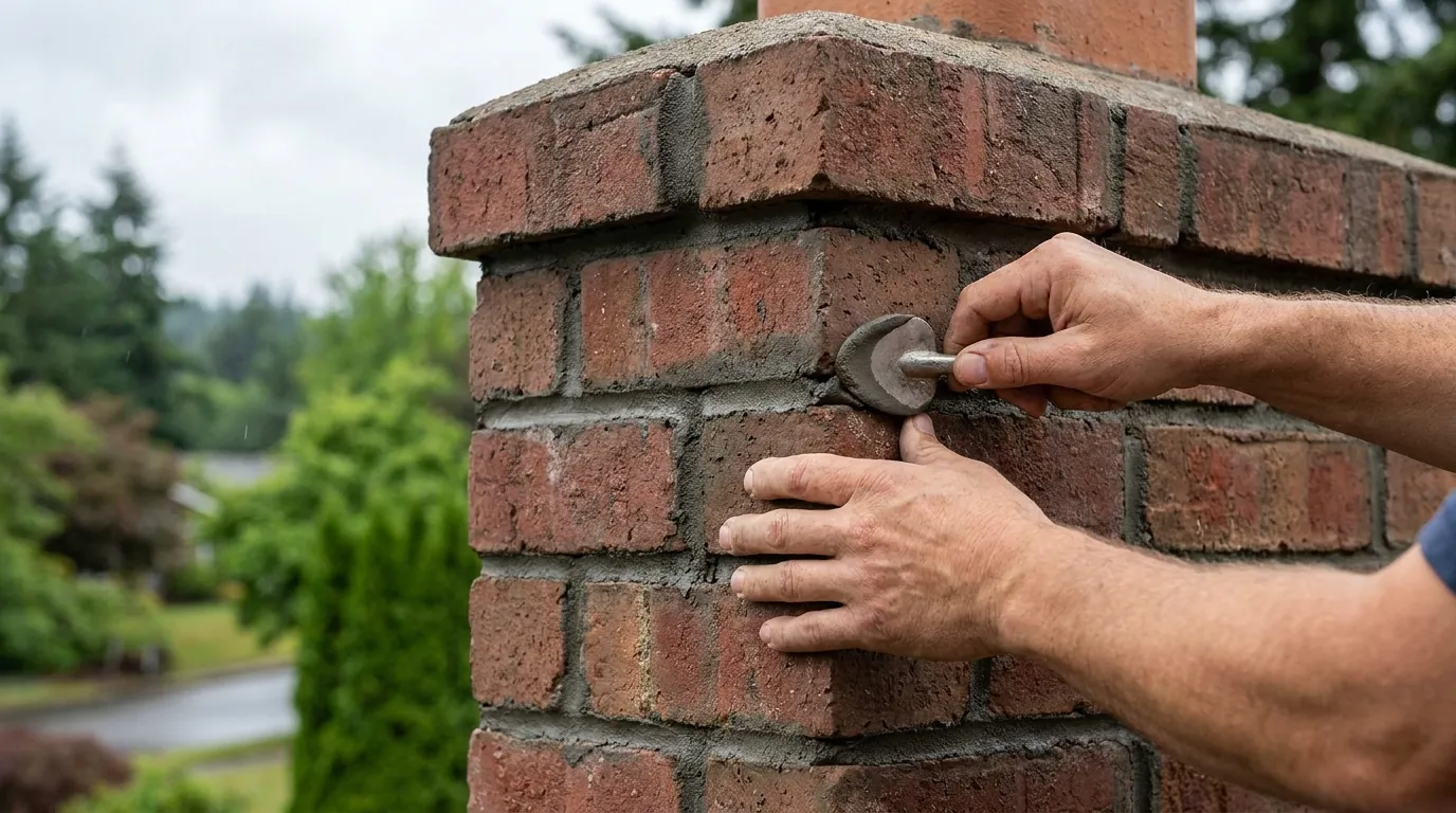 Fresh mortar joints being tooled into a brick chimney in Vancouver, WA